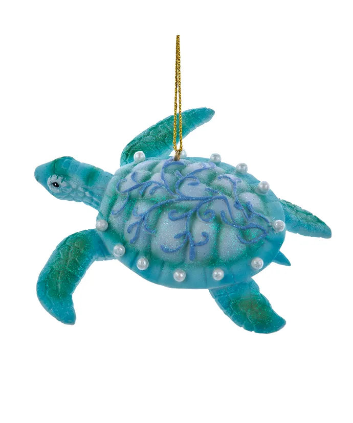 Blue and Green Sea Turtle With Scroll Patter Ornament