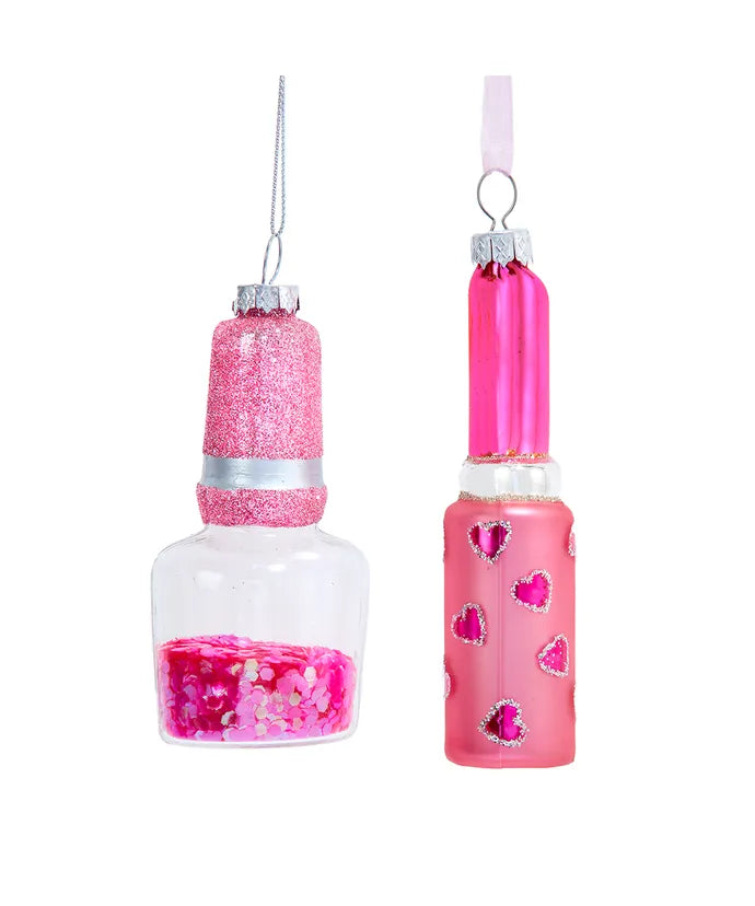 Glass Nail Polish & Lipstick Ornaments, 2 Assorted