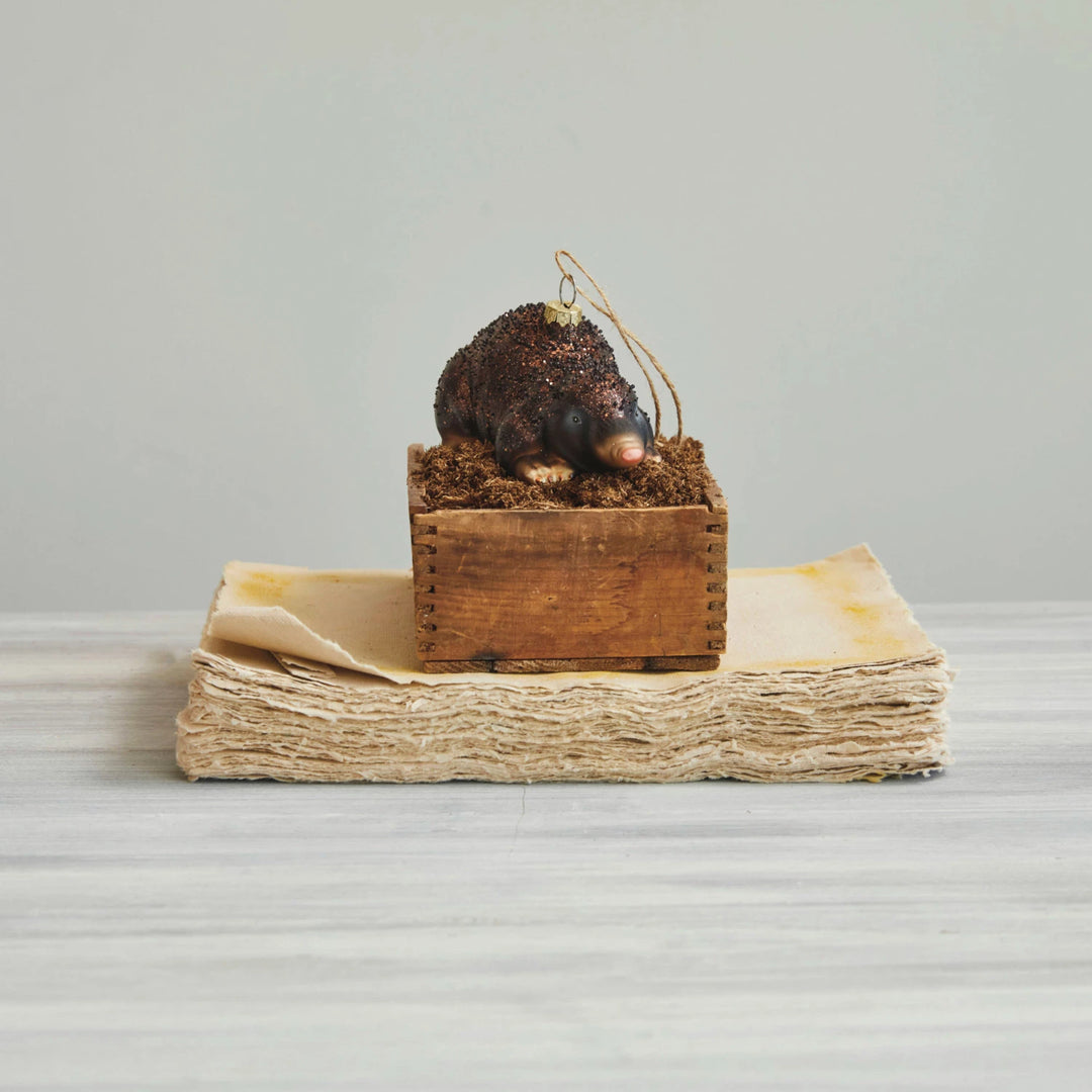 Hand-Painted Glass Mole Ornament w/ Glitter, Brown