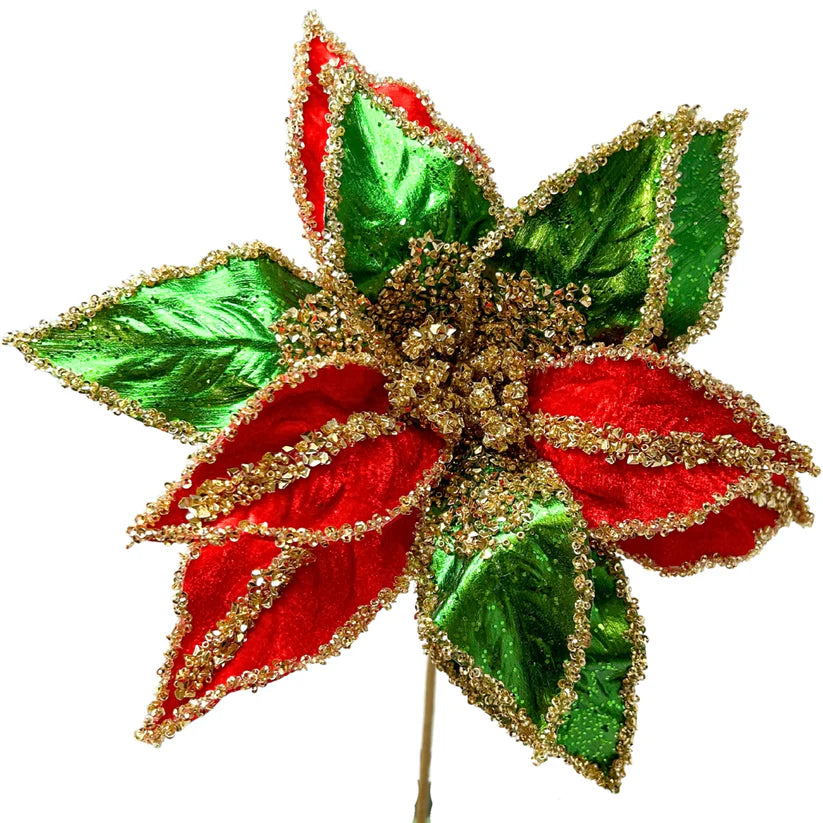 Metallic Velvet Poinsettia Stem - Red/Green 20"