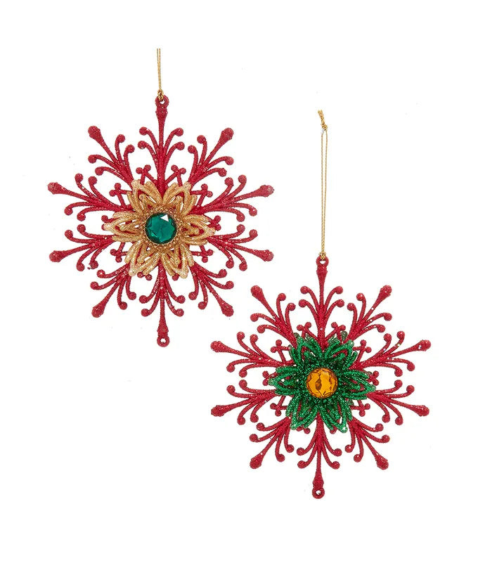 Red, Green & Gold Snowflake Ornaments, 2 Assorted