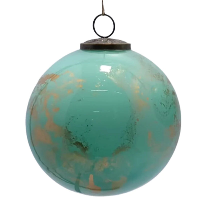 6" Shiny Glass Metallic Gold with Aqua Watercolor Ornament