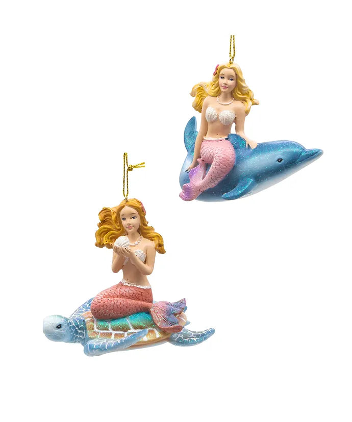 4" Under The Sea Mermaid With Dolphin and Turtle Ornaments, 2 Assorted