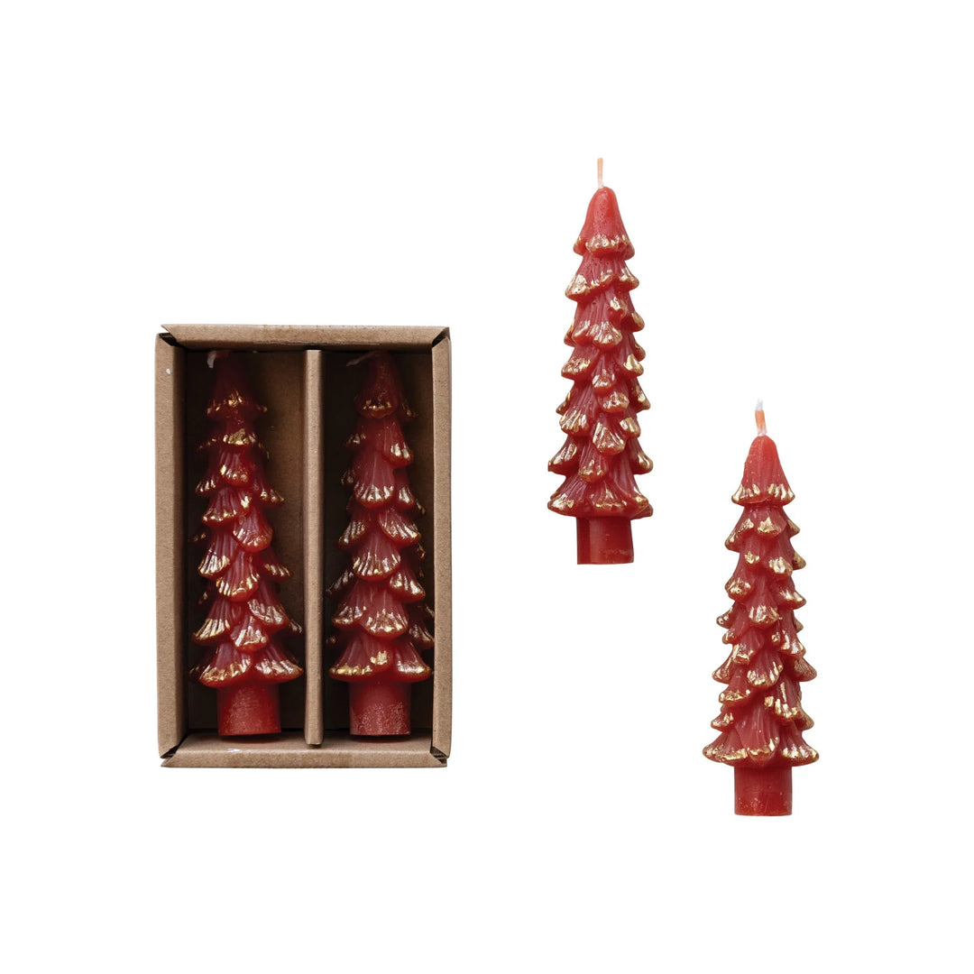 Unscented Tree Shaped Taper Candles w/ Gold Tips Red