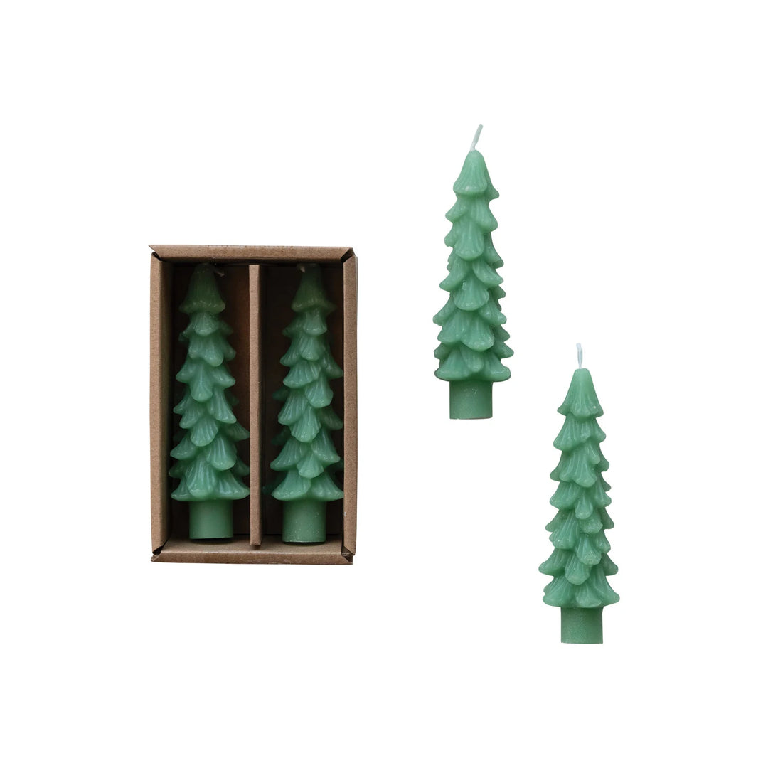 Unscented Tree Shaped Taper Candles in Box, Green, Set of 2