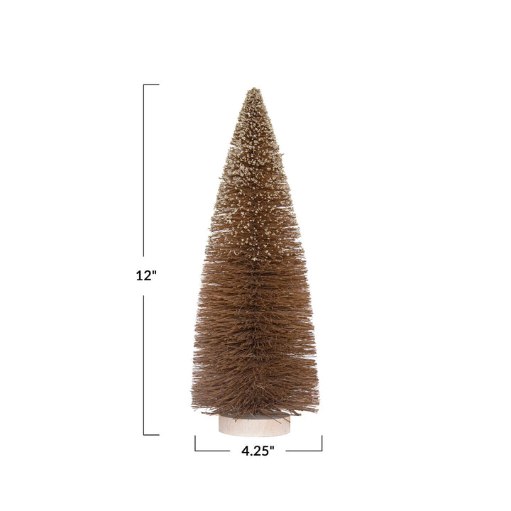 12"H Sisal Bottle Brush Tree w/ Glitter & Wood Base, Brown