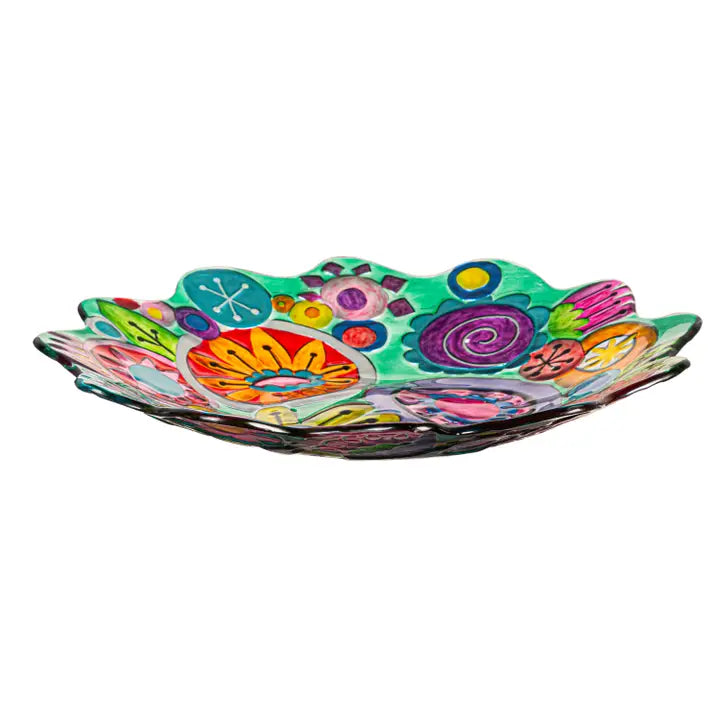 18" Abstract Floral Sculpted Edge Glass Bird Bath