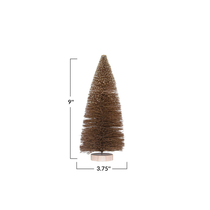 9"H Sisal Bottle Brush Tree w/ Glitter & Wood Base, Brown