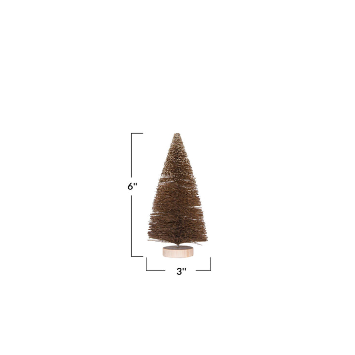 6"H Sisal Bottle Brush Tree w/ Glitter & Wood Base, Brown