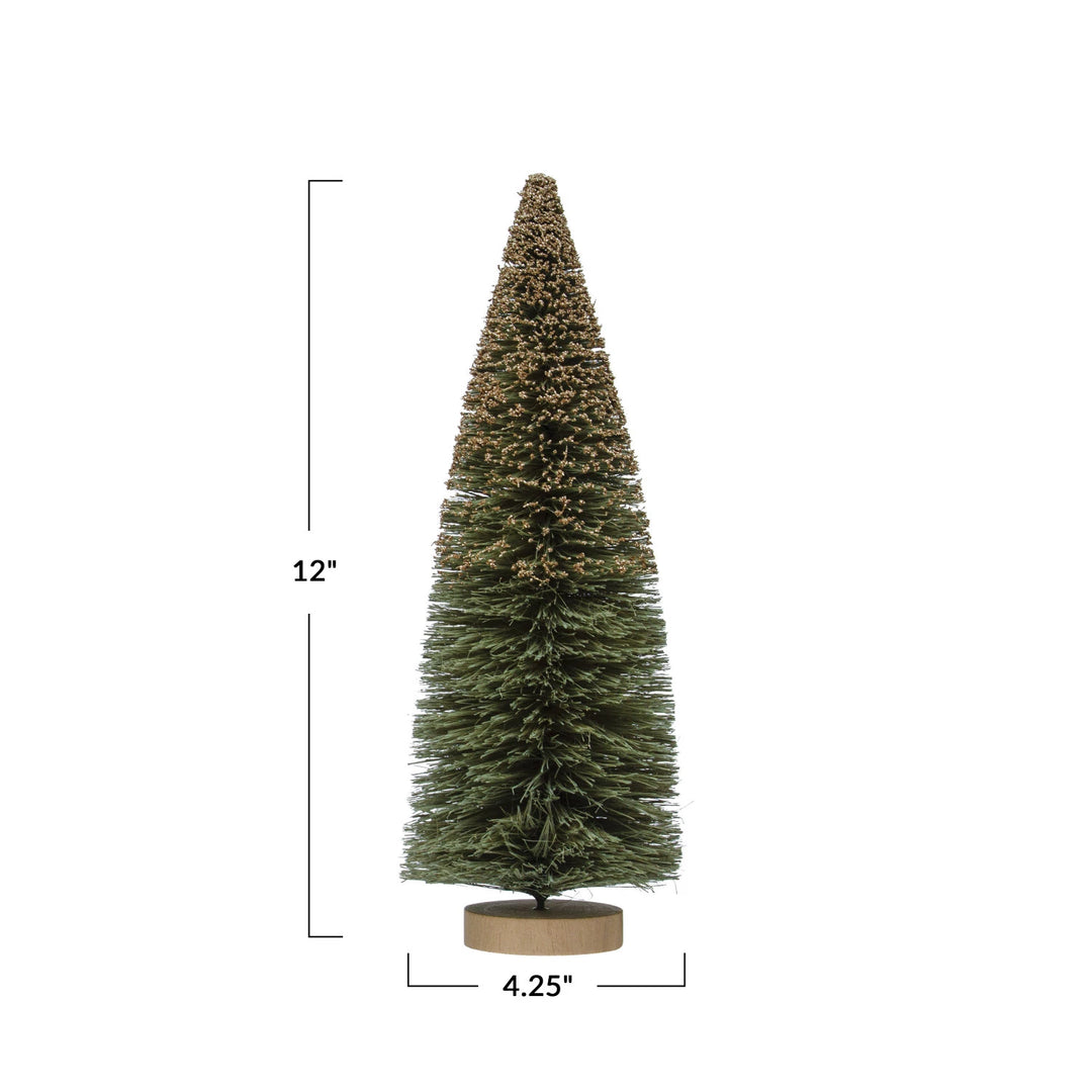 12"H Sisal Bottle Brush Tree w/ Glitter & Wood Base, Grey