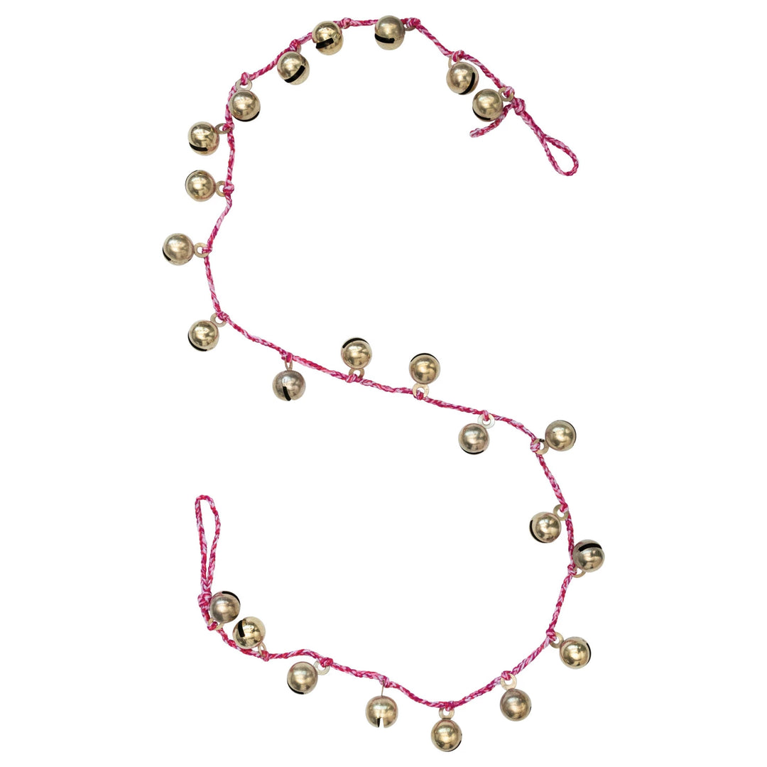 72"L Metal Jingle Bell Garland on Braided Cord, Red, White & Gold Finish