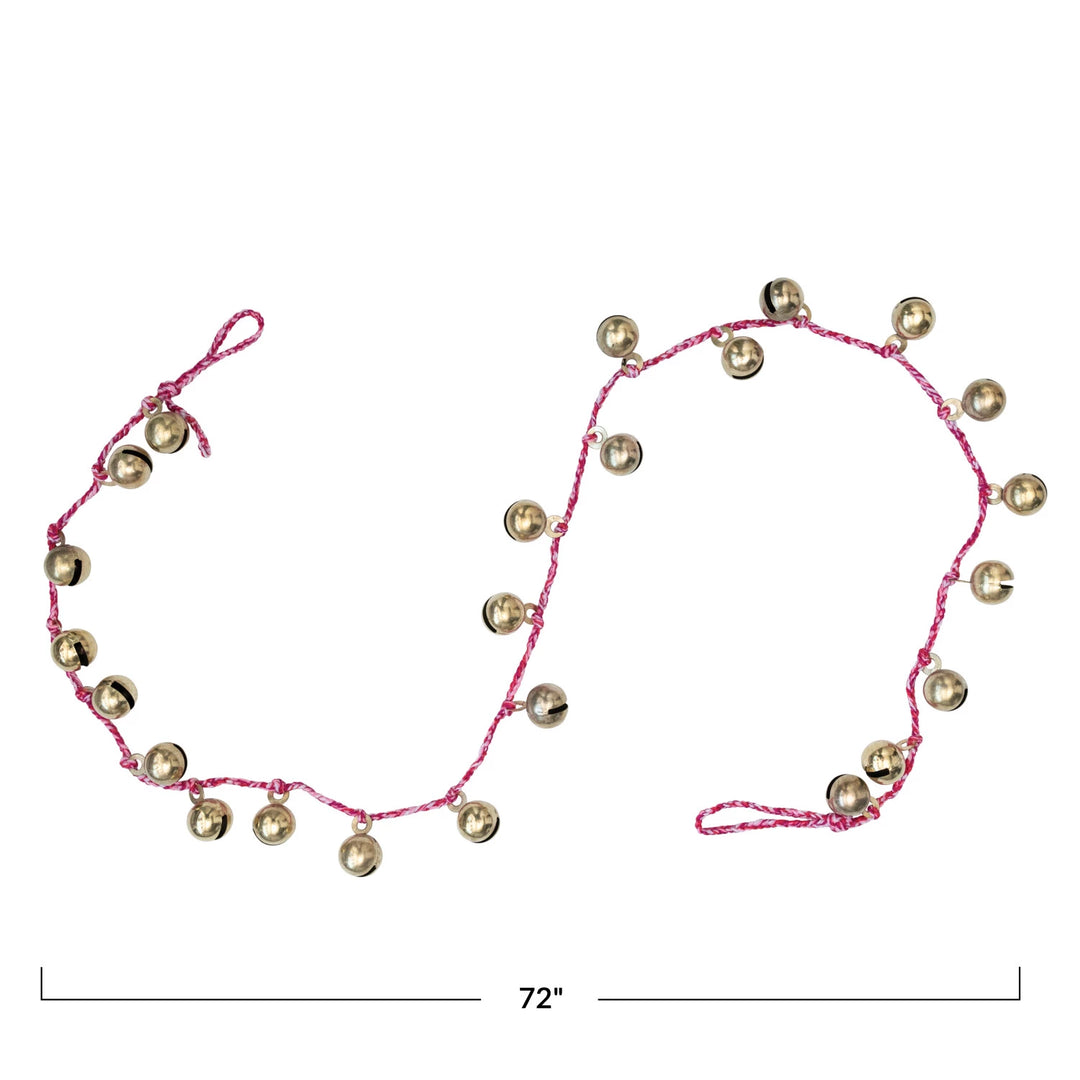 72"L Metal Jingle Bell Garland on Braided Cord, Red, White & Gold Finish