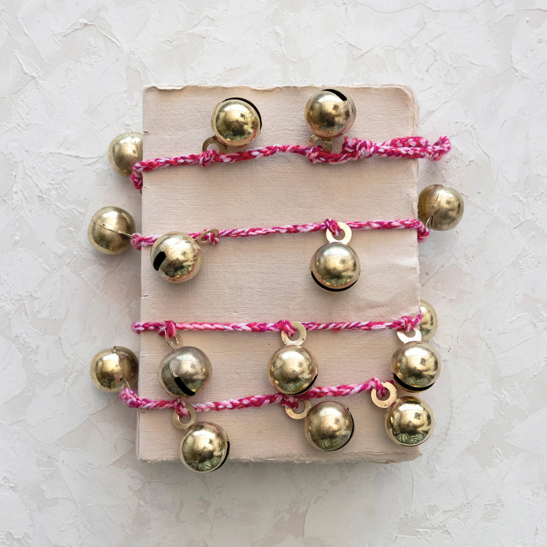 72"L Metal Jingle Bell Garland on Braided Cord, Red, White & Gold Finish