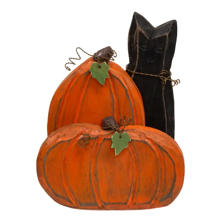 Carved Wooden Pumpkin Duo & Black Cat