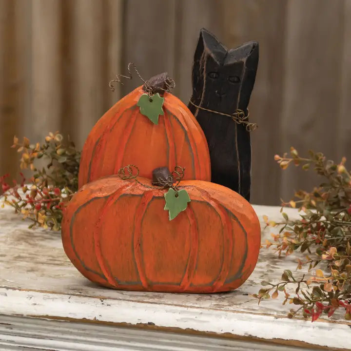 Carved Wooden Pumpkin Duo & Black Cat