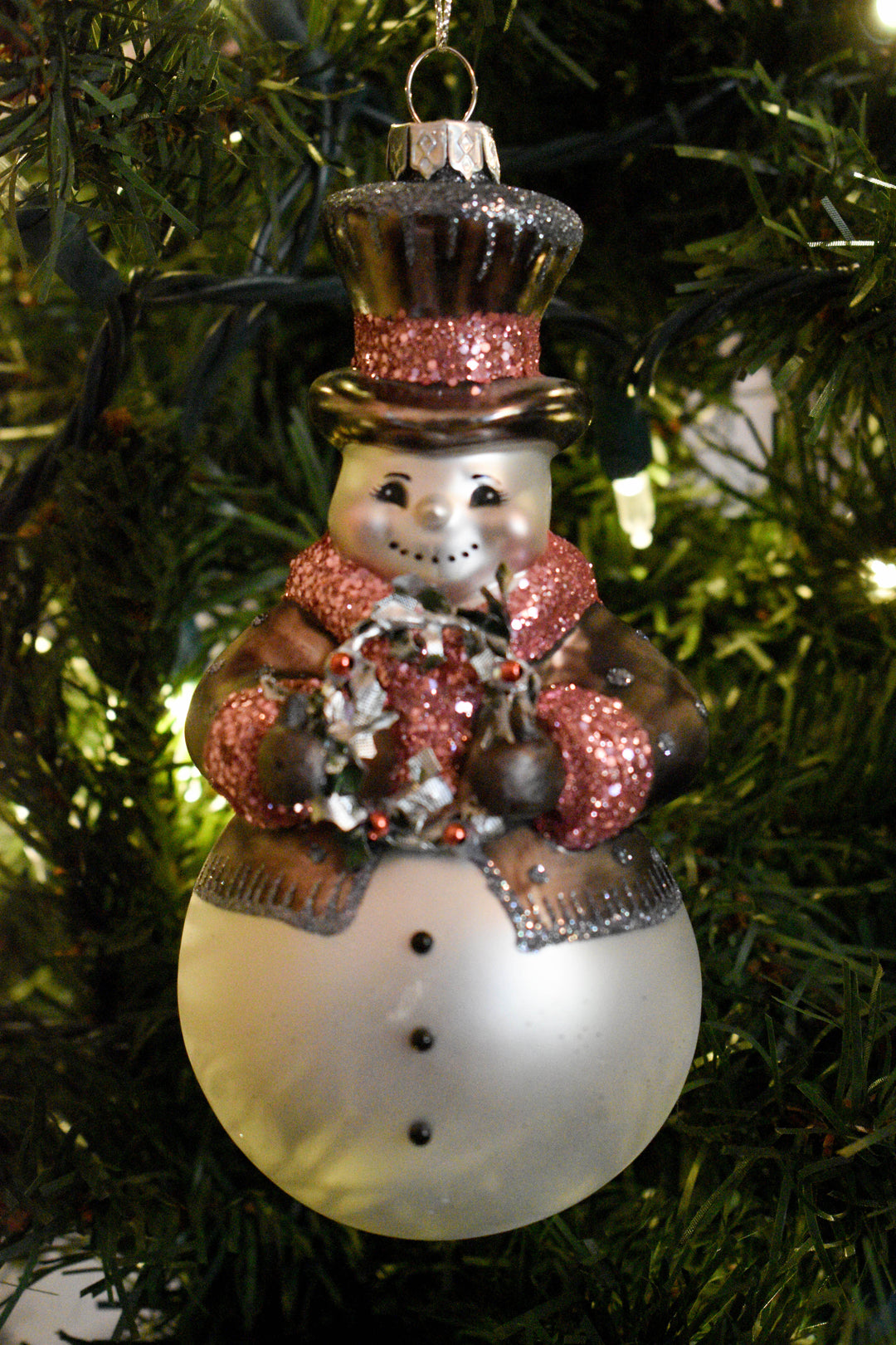 Glass Pink & Pewter Snowman Ornaments, 2 Assorted