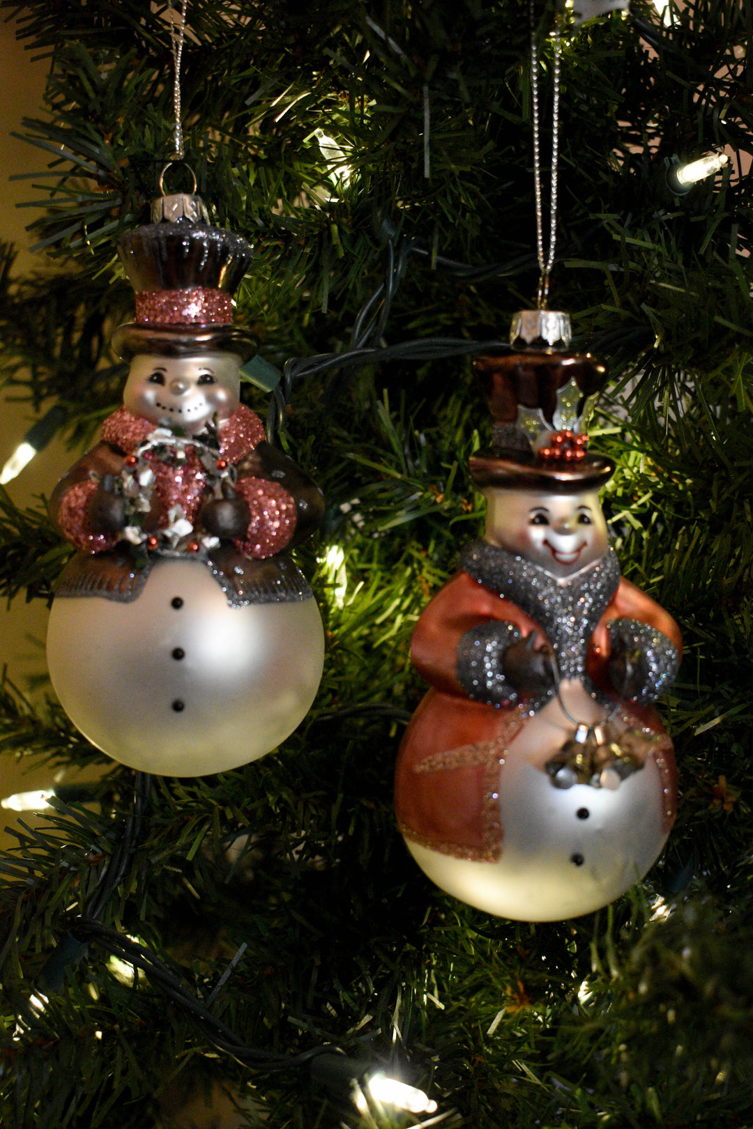 Glass Pink & Pewter Snowman Ornaments, 2 Assorted