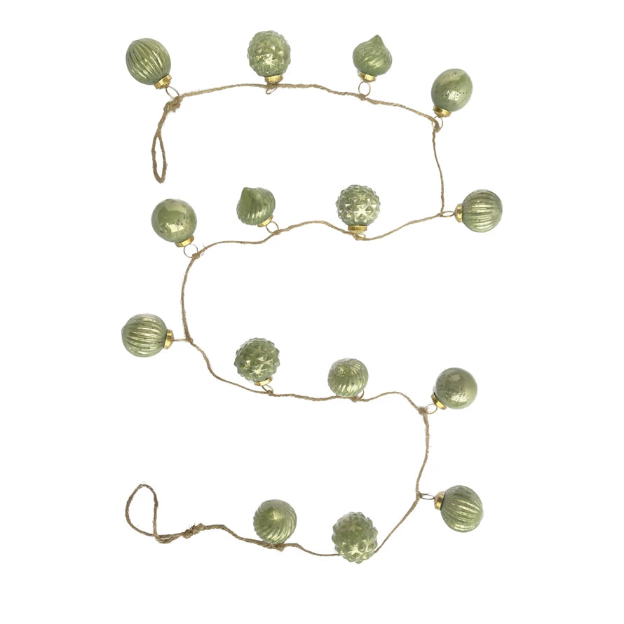 Embossed Recycled Mercury Glass Ball Ornament Garland w/ Jute Cord, Olive Green