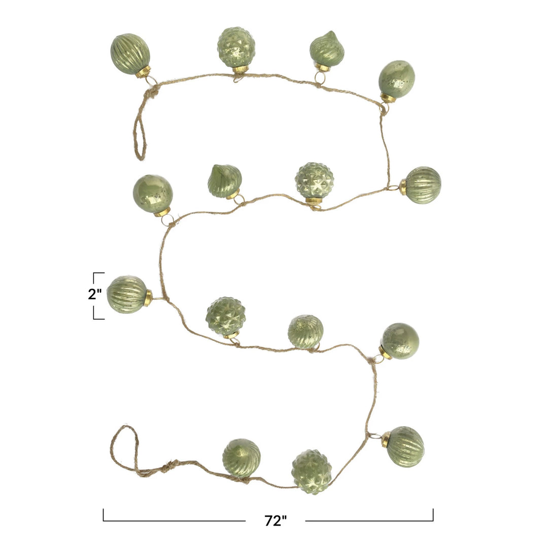 Embossed Recycled Mercury Glass Ball Ornament Garland w/ Jute Cord, Olive Green