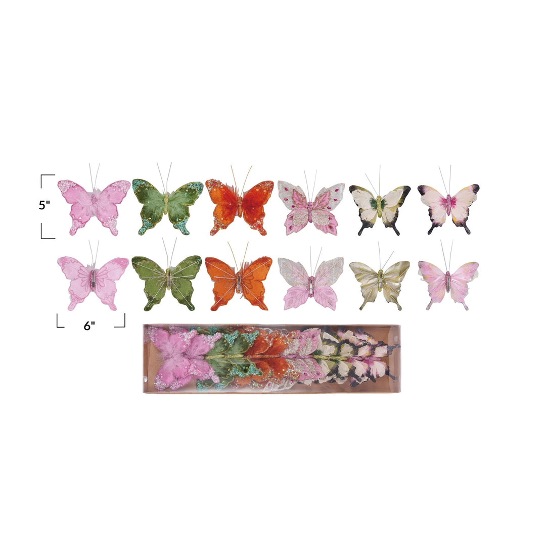 Feather Butterfly Clip-on Ornaments w/ Glitter, Boxed Set of 12