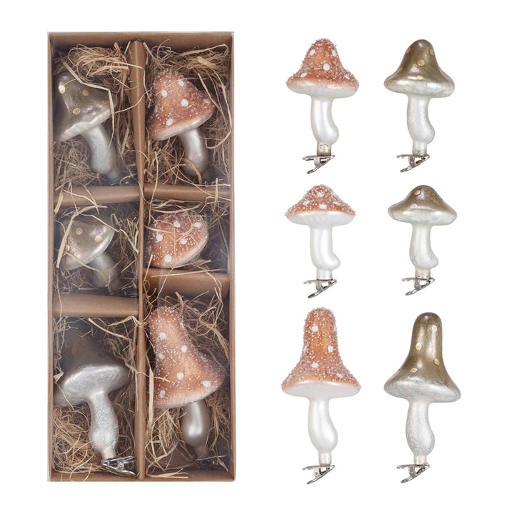 Glass Mushroom Clip-On Ornaments w/ Glitter, Boxed Set of 6