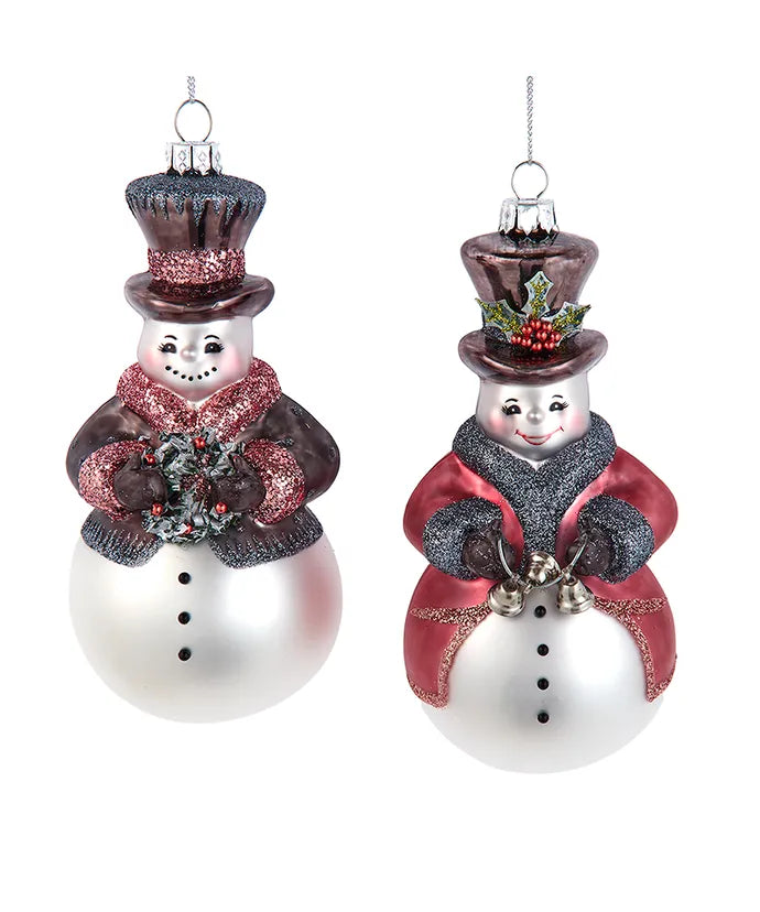 Glass Pink & Pewter Snowman Ornaments, 2 Assorted