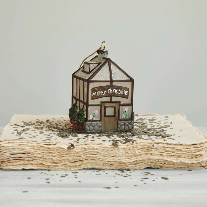 Hand-Painted Glass Greenhouse Ornament w/ Glitter "Merry Christmas", Multi Color