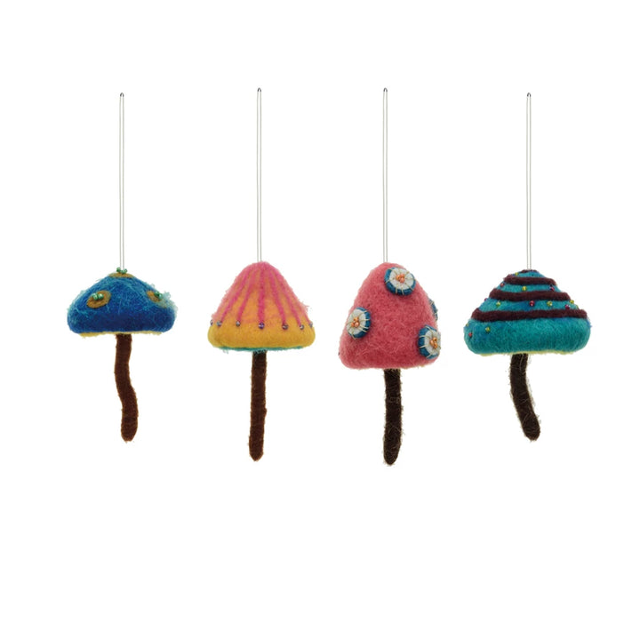 Handmade Wool Felt Mushroom Ornament w/ Beads, 4 Styles