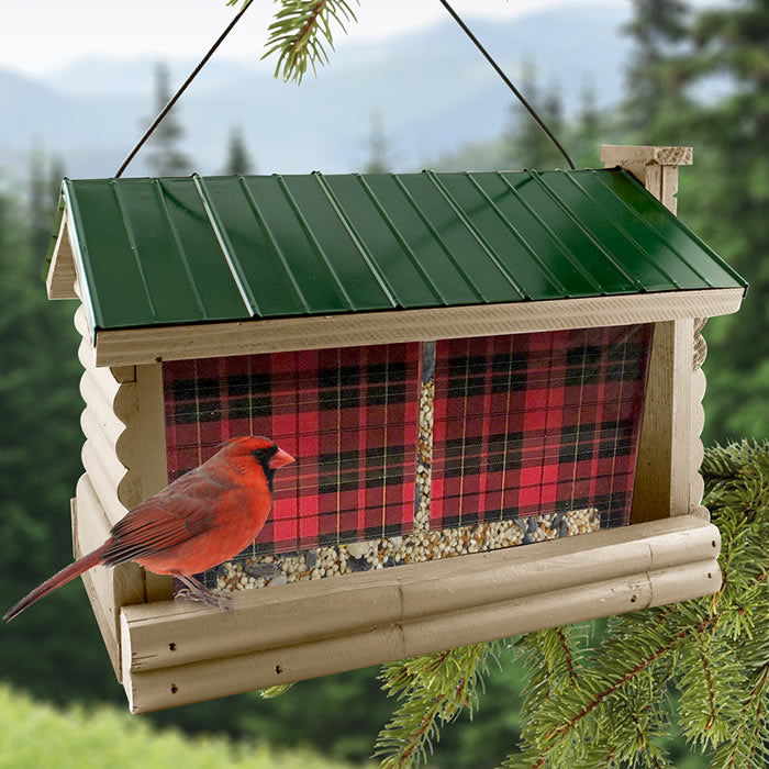 Lake & Cabin Buffalo Plaid Tall Hopper Feeder with Green Metal Roof