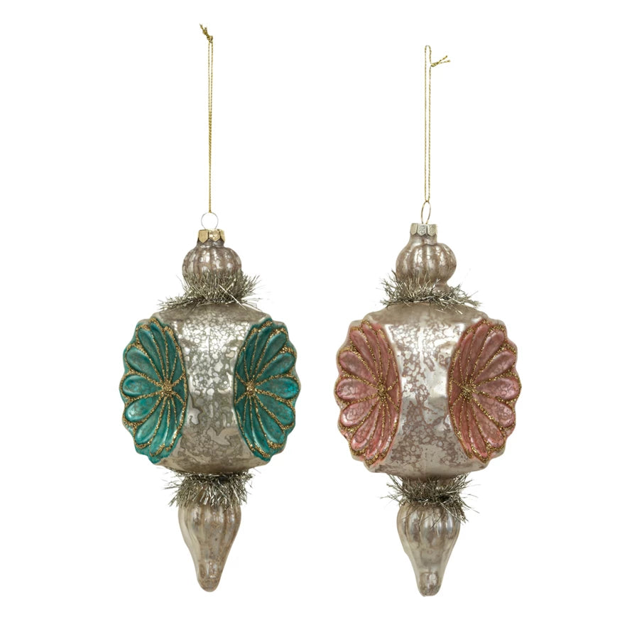 Mercury Glass Finial Ornament w/ Flowers, Tinsel & Glitter, 2 Colors