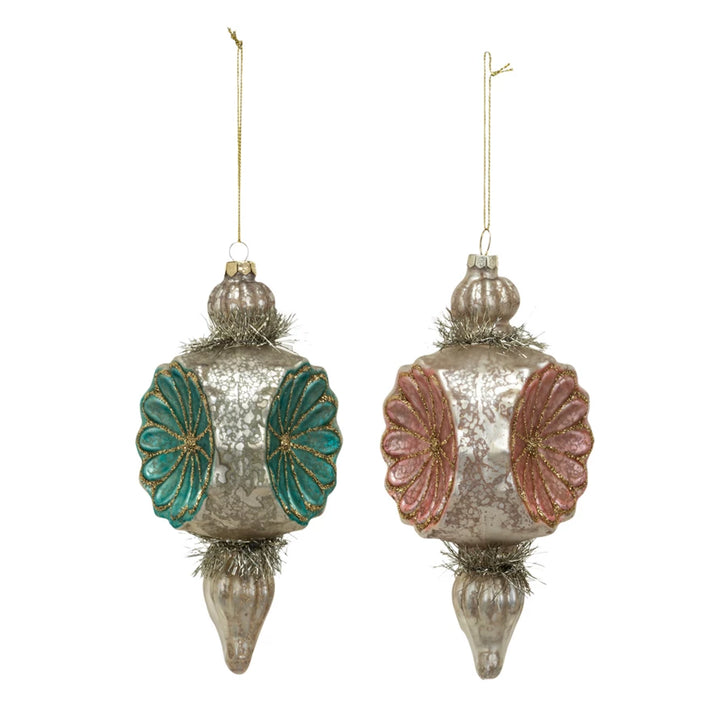 Mercury Glass Finial Ornament w/ Flowers, Tinsel & Glitter, 2 Colors