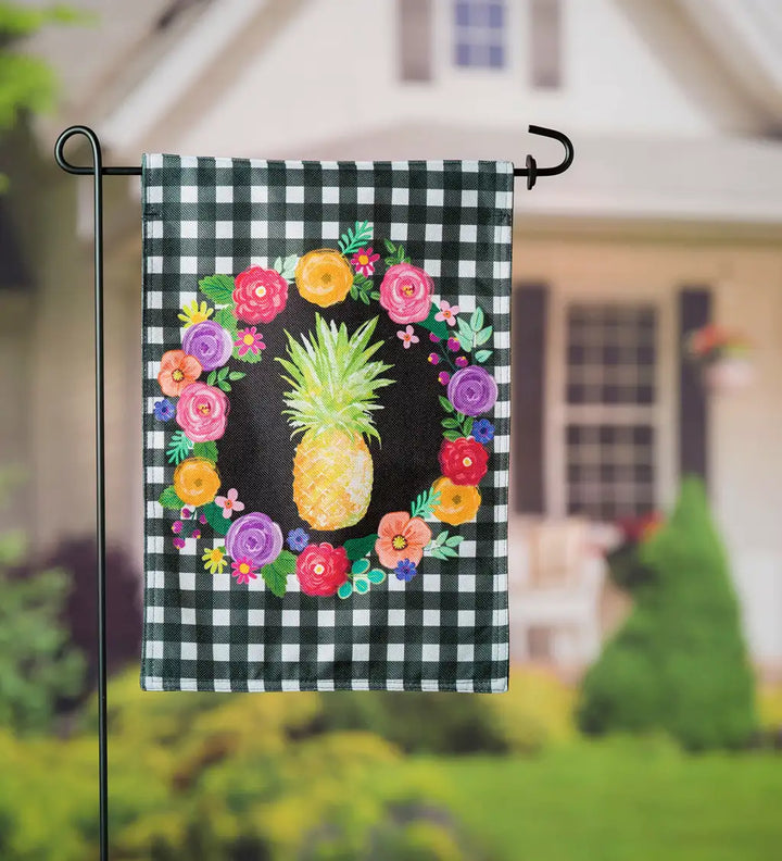 Pineapple Plaid Floral Garden Burlap Flag