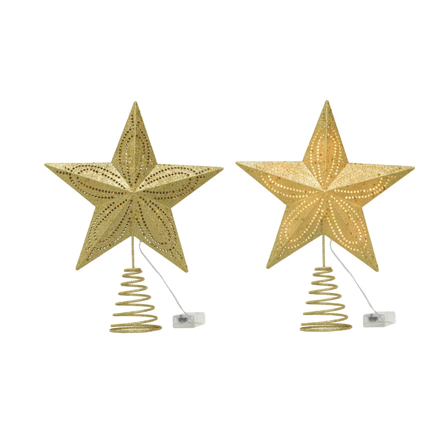 Plastic Star Tree Topper w/ Cut-Outs & LED Lights, Gold Finish