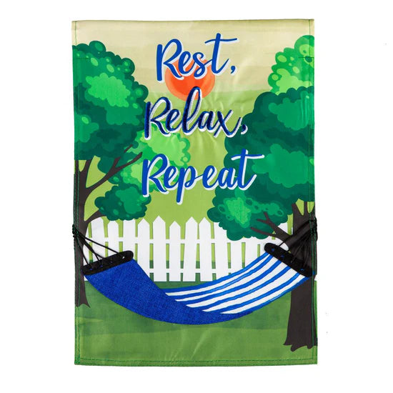 Rest, Relax, Repeat Hammock Garden Flag