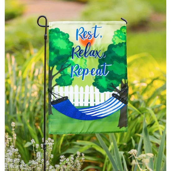 Rest, Relax, Repeat Hammock Garden Flag