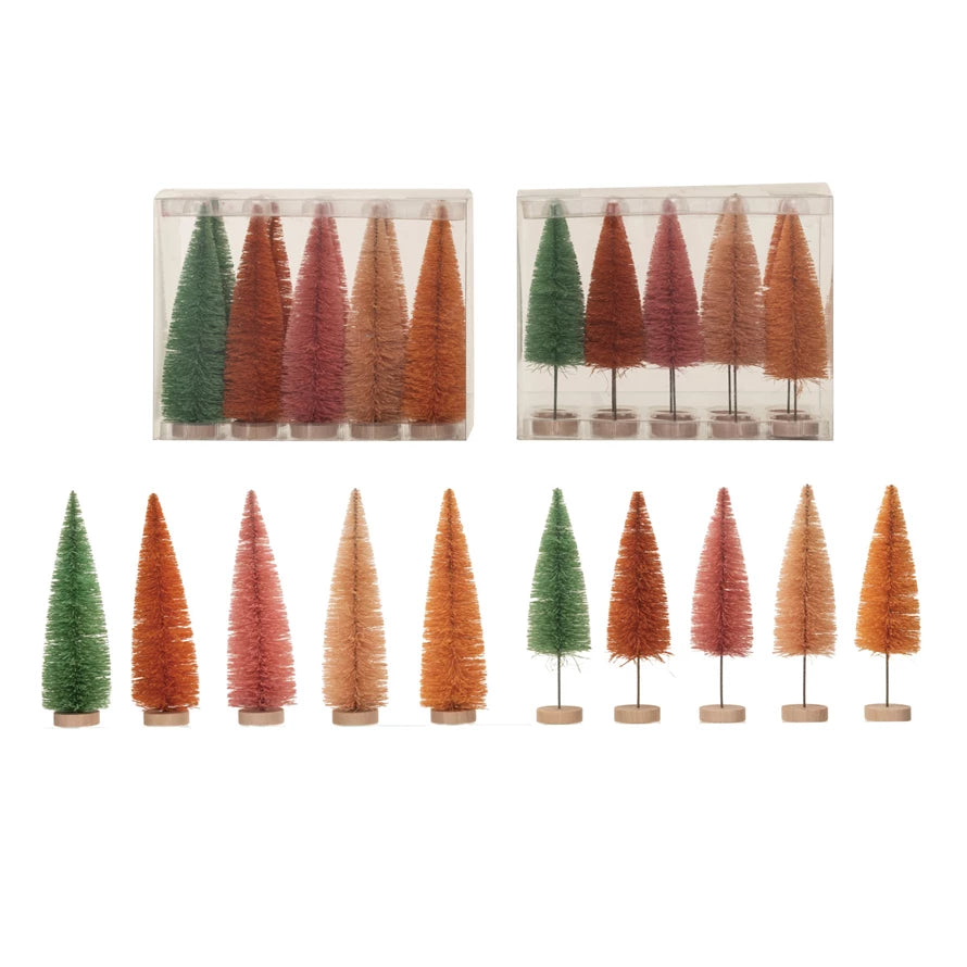 Sisal Bottle Brush Trees w/ Wood Bases, Sherbet Colors, 2 Styles, Boxed Set of 10