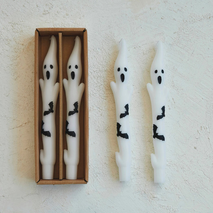 Unscented Ghost Shaped Taper Candles w/ Bats in Box, White & Black, Set of 2