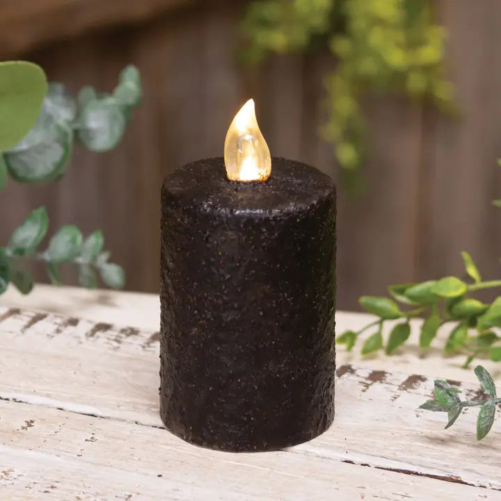 Warm Glow Textured Black Flicker Flame Timer Pillar, 3"