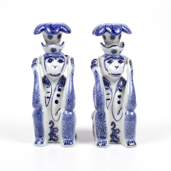 8 Oak Lane Blue Chinoiserie Monkey Candlestick (NOT SOLD AS A SET)