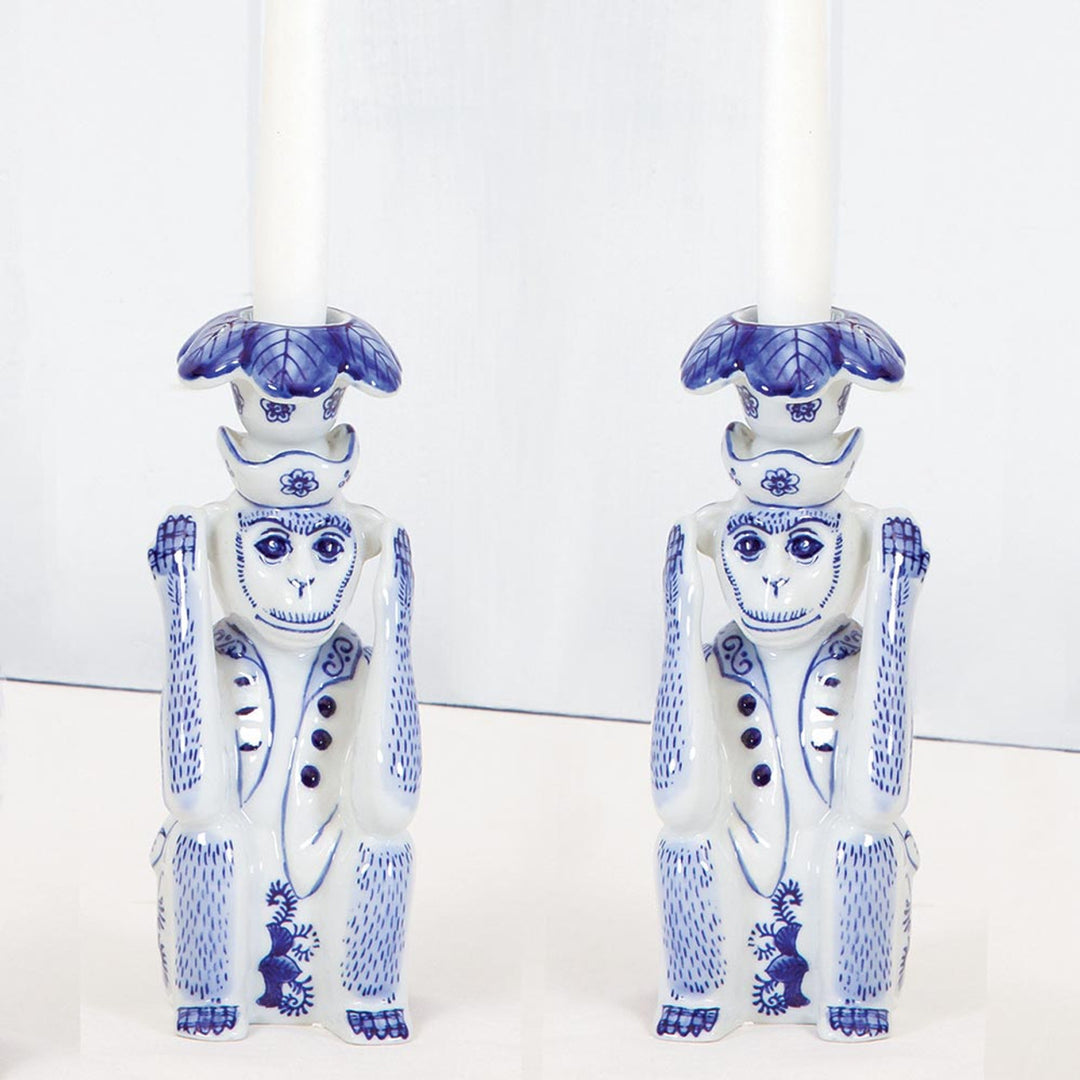 8 Oak Lane Blue Chinoiserie Monkey Candlestick (NOT SOLD AS A SET)
