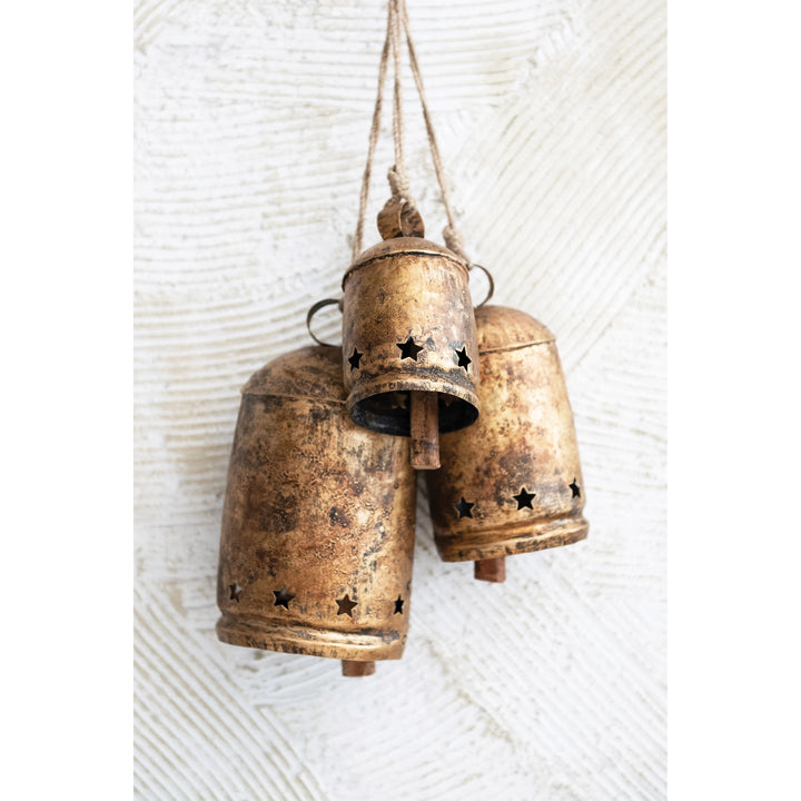 Metal Bell on Jute Rope with Star Cut-Outs Large