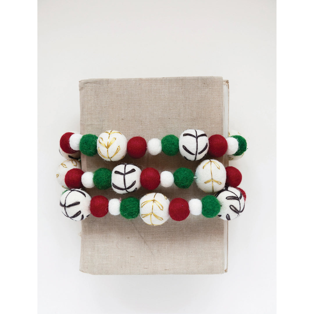 72"'L Wool Felt Ball Garland with Embroidery, Natural, Red and Green