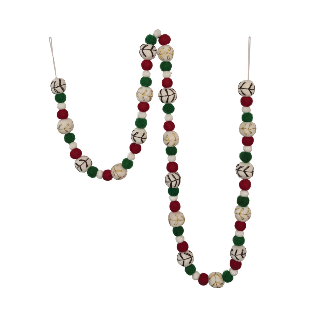 72"'L Wool Felt Ball Garland with Embroidery, Natural, Red and Green