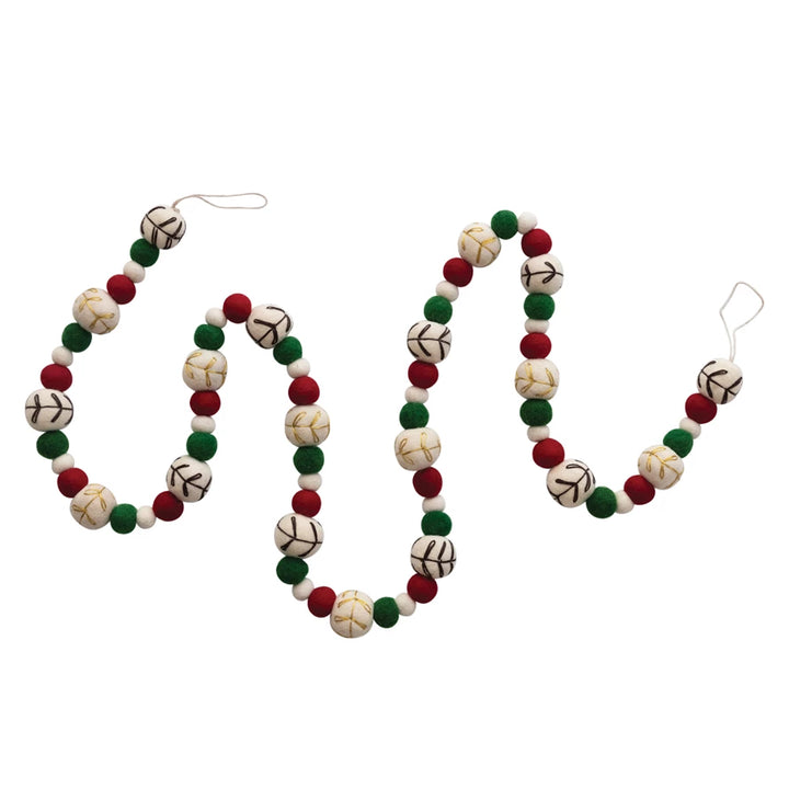 72"'L Wool Felt Ball Garland with Embroidery, Natural, Red and Green