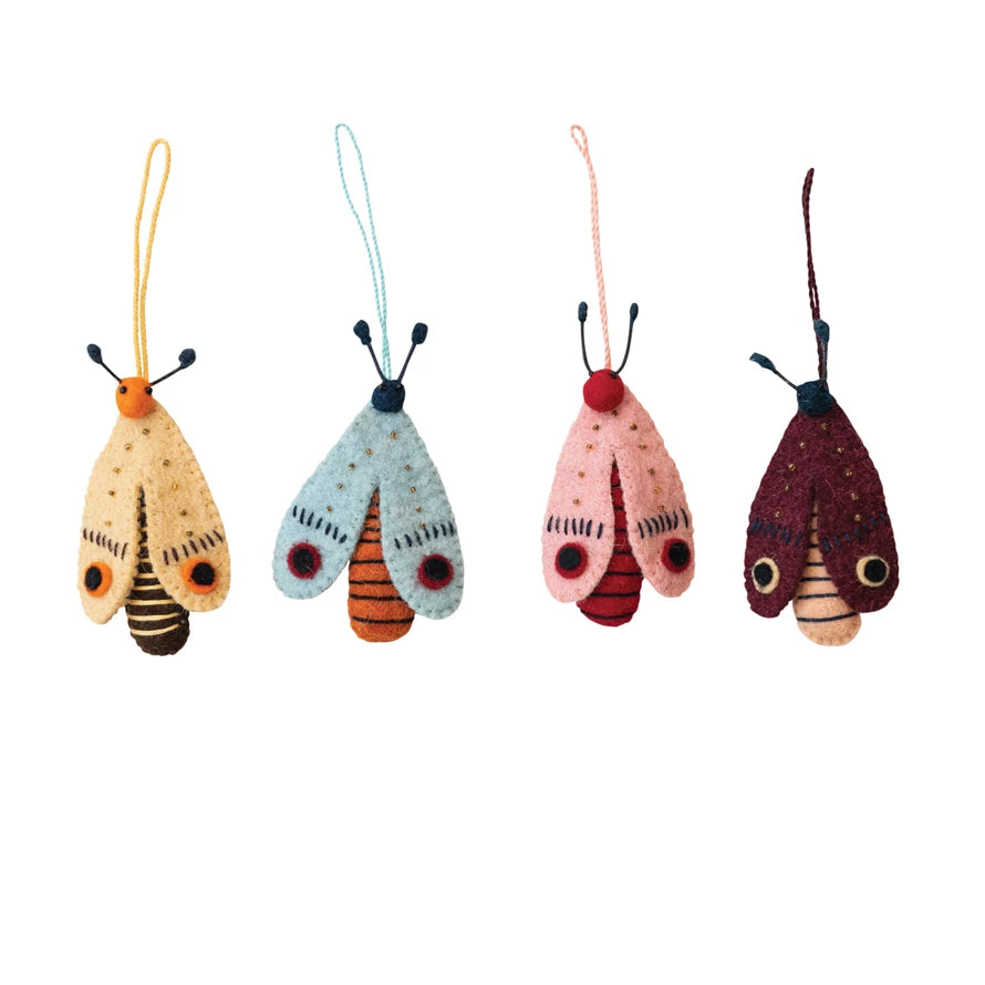 5"H Handmade Wool Felt Moth Ornament w/ Beads & Embroidery, 4 Colors