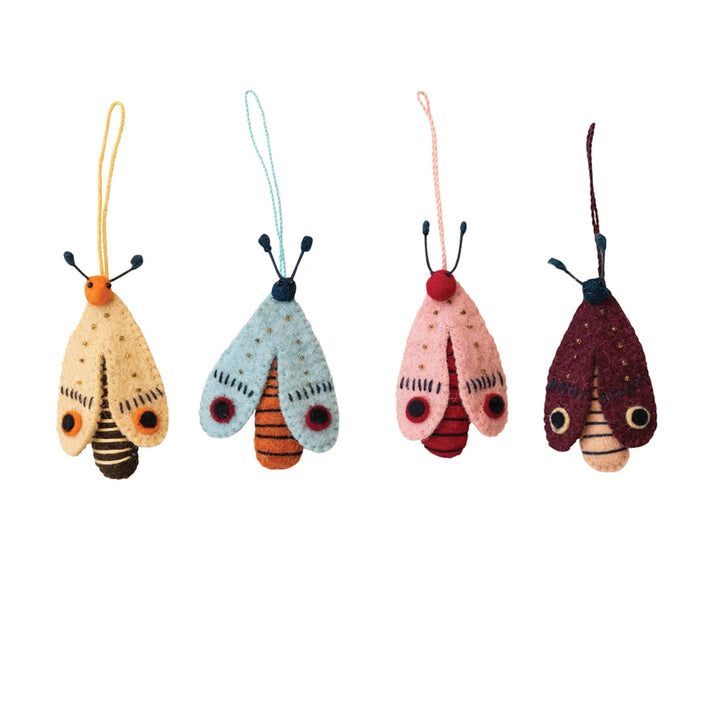 5"H Handmade Wool Felt Moth Ornament w/ Beads & Embroidery, 4 Colors