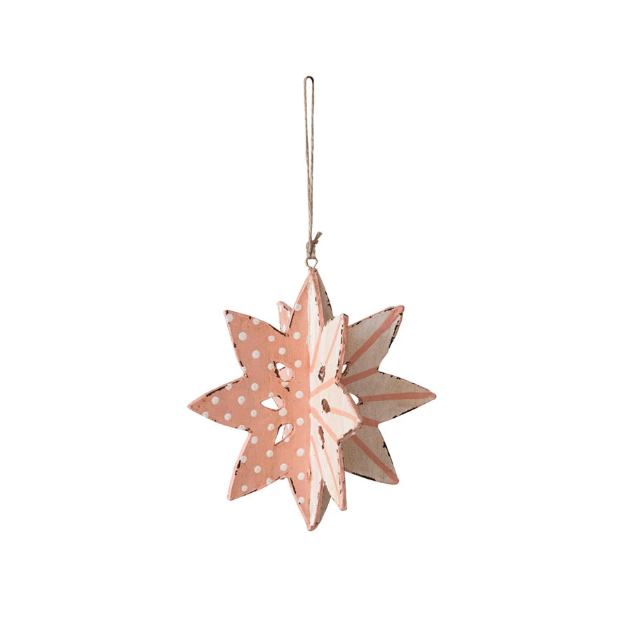 Hand-Painted Paper Mache Snowflake Ornament w/ Dots & Stripes, Pink & White