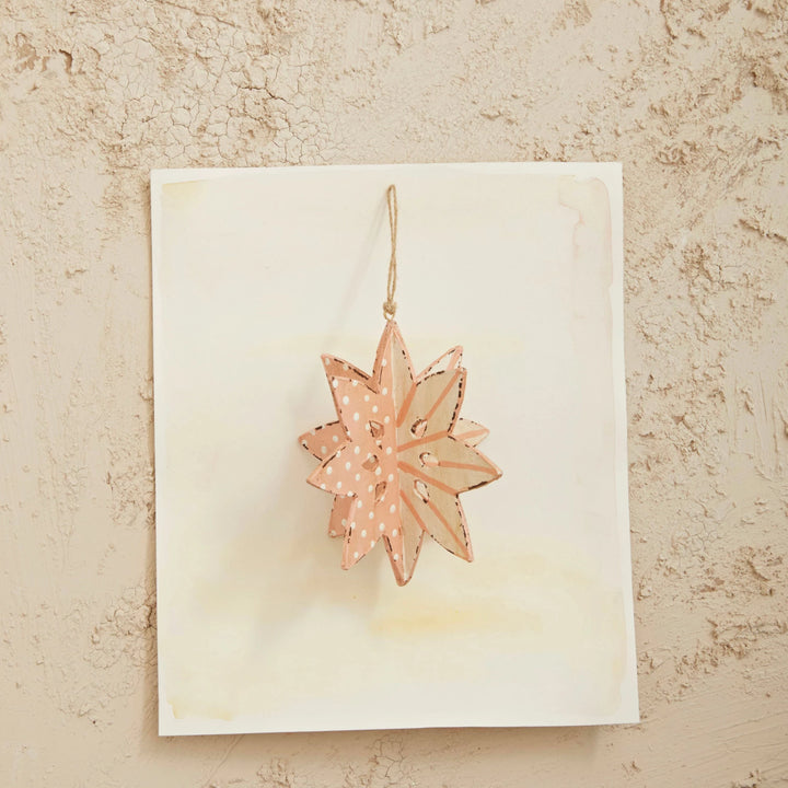 Hand-Painted Paper Mache Snowflake Ornament w/ Dots & Stripes, Pink & White