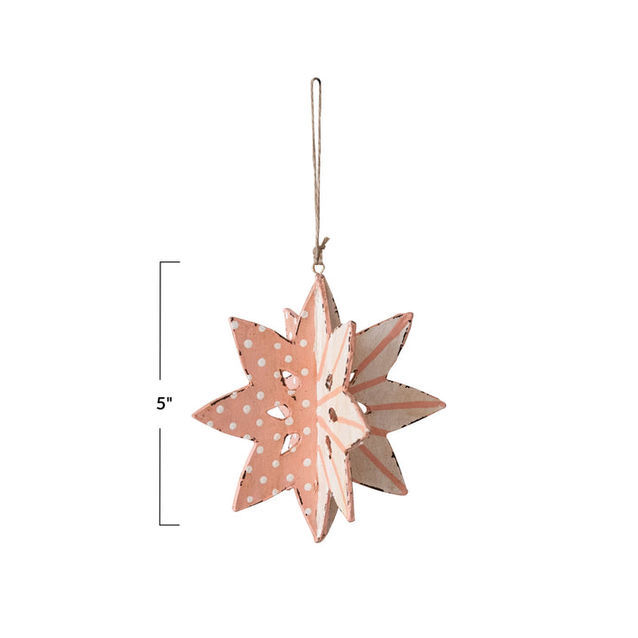 Hand-Painted Paper Mache Snowflake Ornament w/ Dots & Stripes, Pink & White