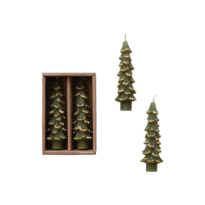 Unscented Green Tree Shaped Taper Candles With Gold Tips